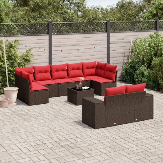 9-teiliges Gartensofa-Set mit Kissen, schwarzes Polyrattan