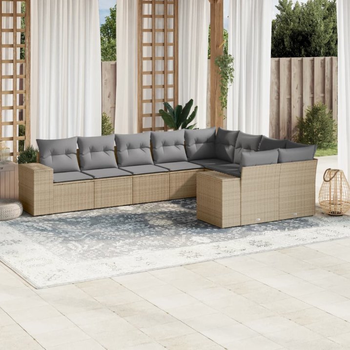 9-tlg. Garten-Sofagarnitur mit Kissen Schwarz Poly Rattan