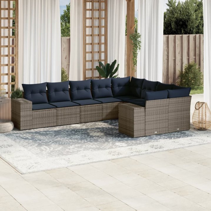 9-teiliges Gartensofa-Set mit Kissen, schwarzes Polyrattan