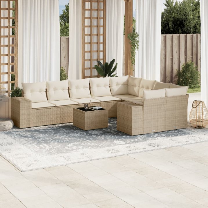 9-tlg. Garten-Sofagarnitur mit Kissen Schwarz Poly Rattan