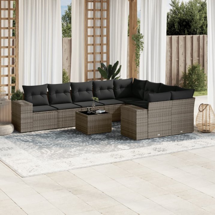 9-tlg. Garten-Sofagarnitur mit Kissen Schwarz Poly Rattan