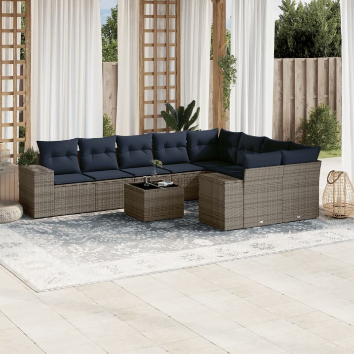 9-teiliges Gartensofa-Set mit Kissen, schwarzes Polyrattan
