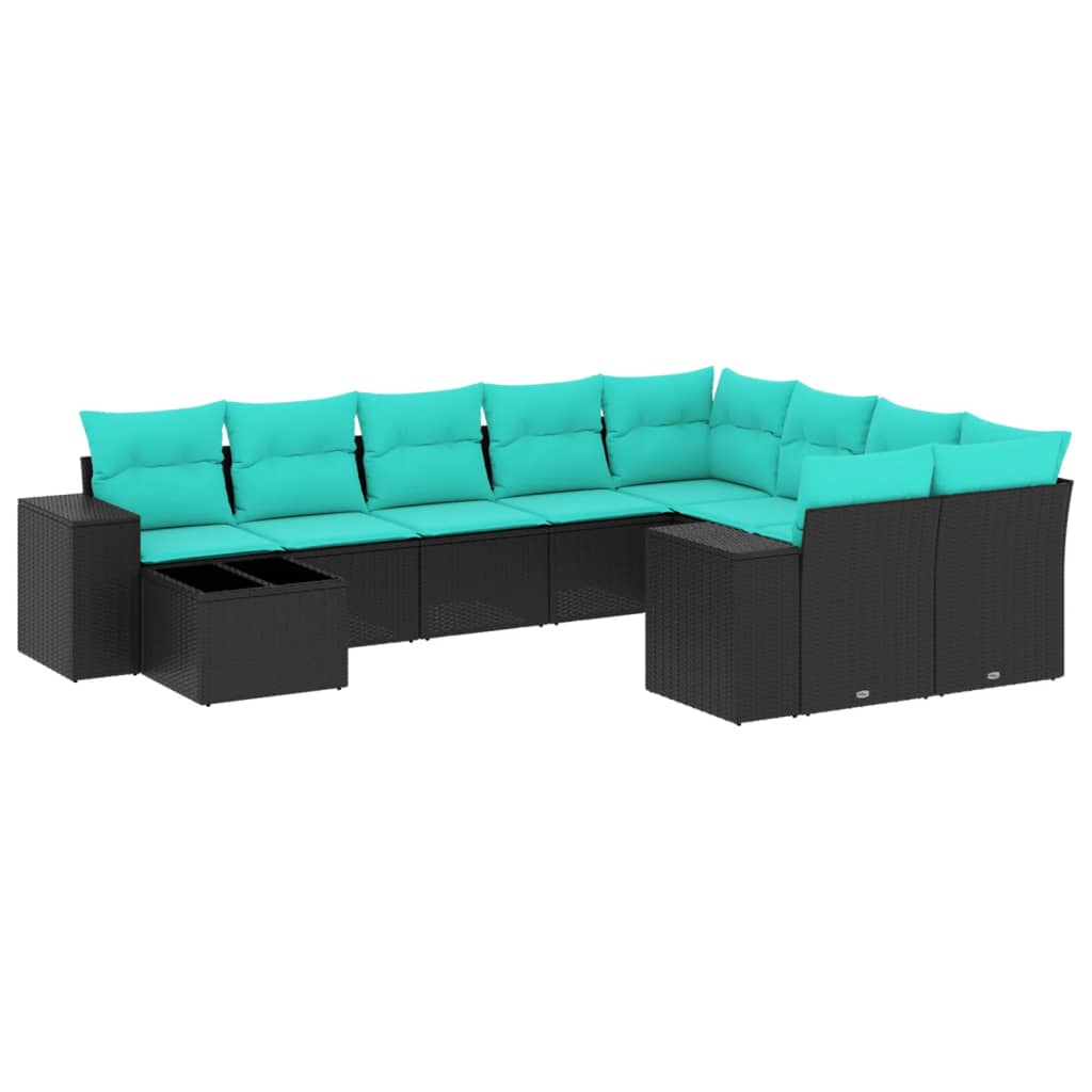 vidaXL 10-teiliges Gartensofa-Set mit Kissen, schwarzes Polyrattan