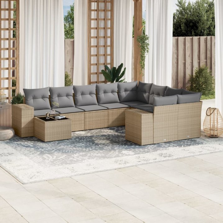 vidaXL 10-tlg. Garten-Sofagarnitur mit Kissen Schwarz Poly Rattan