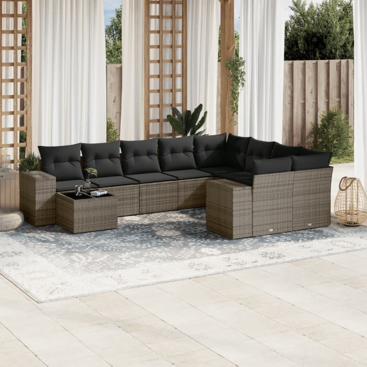 vidaXL 10-tlg. Garten-Sofagarnitur mit Kissen Schwarz Poly Rattan