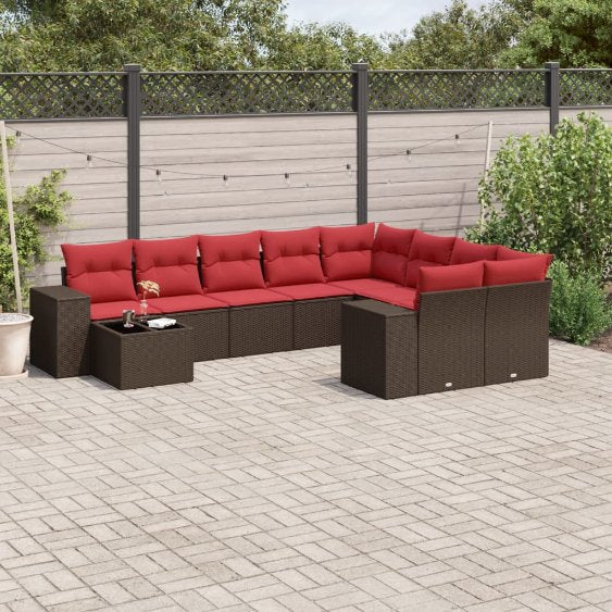 vidaXL 10-teiliges Gartensofa-Set mit Kissen, schwarzes Polyrattan