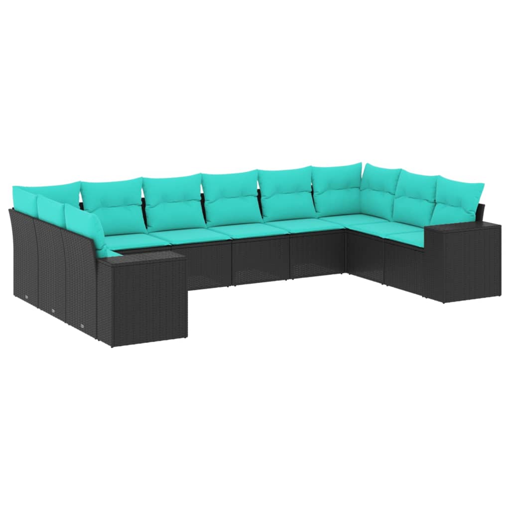vidaXL 10-teiliges Gartensofa-Set mit Kissen, schwarzes Polyrattan