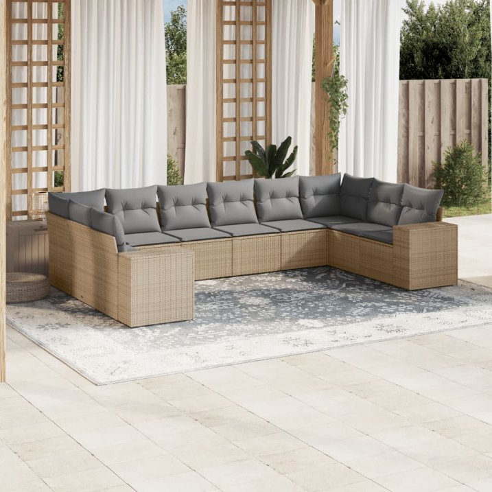 vidaXL 10-tlg. Garten-Sofagarnitur mit Kissen Schwarz Poly Rattan