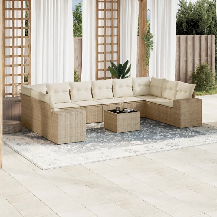 vidaXL 10-tlg. Garten-Sofagarnitur mit Kissen Schwarz Poly Rattan