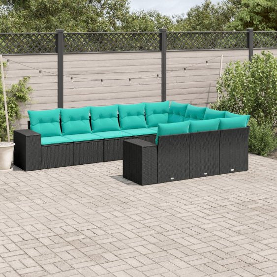 vidaXL 10-teiliges Gartensofa-Set mit Kissen, schwarzes Polyrattan
