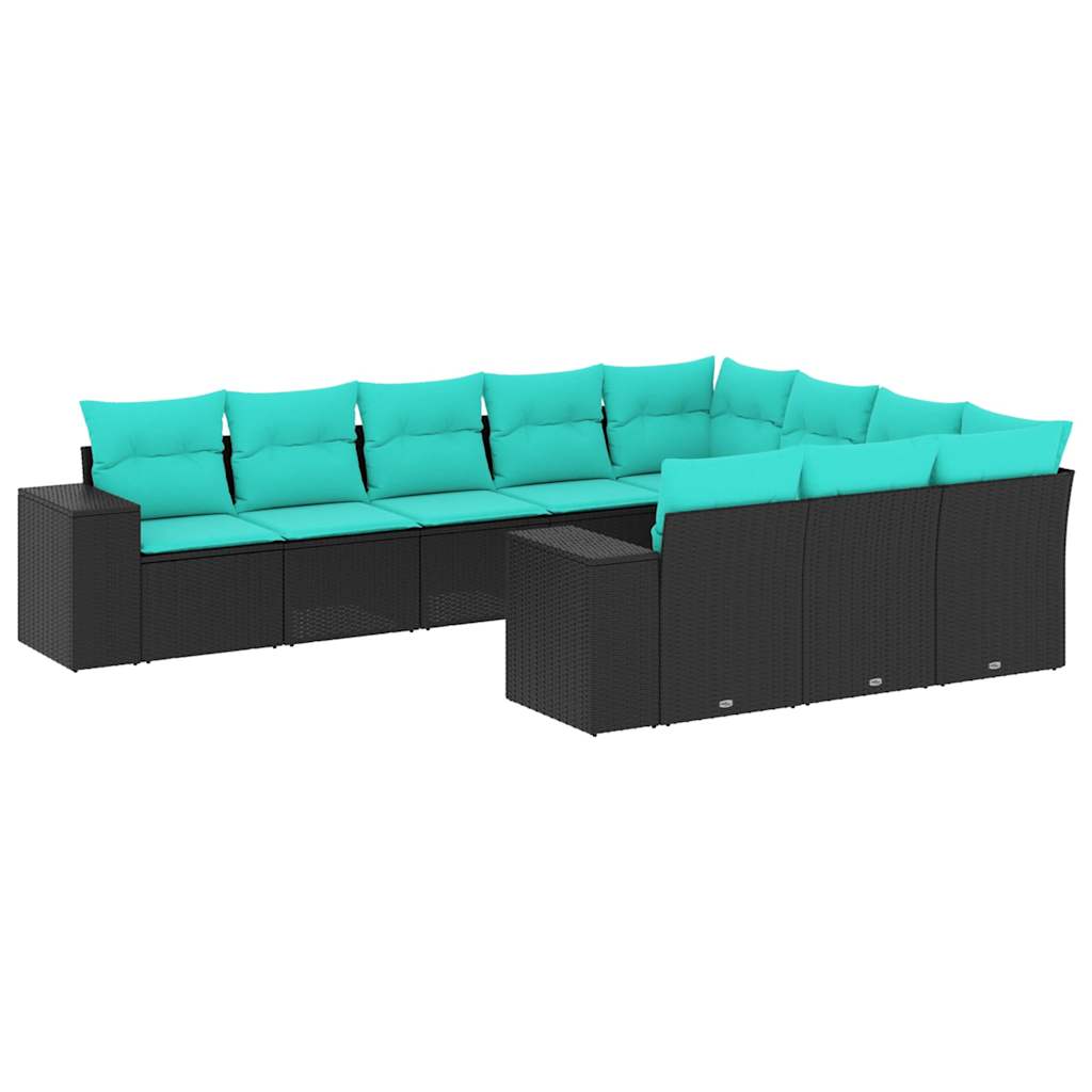 vidaXL 10-teiliges Gartensofa-Set mit Kissen, schwarzes Polyrattan