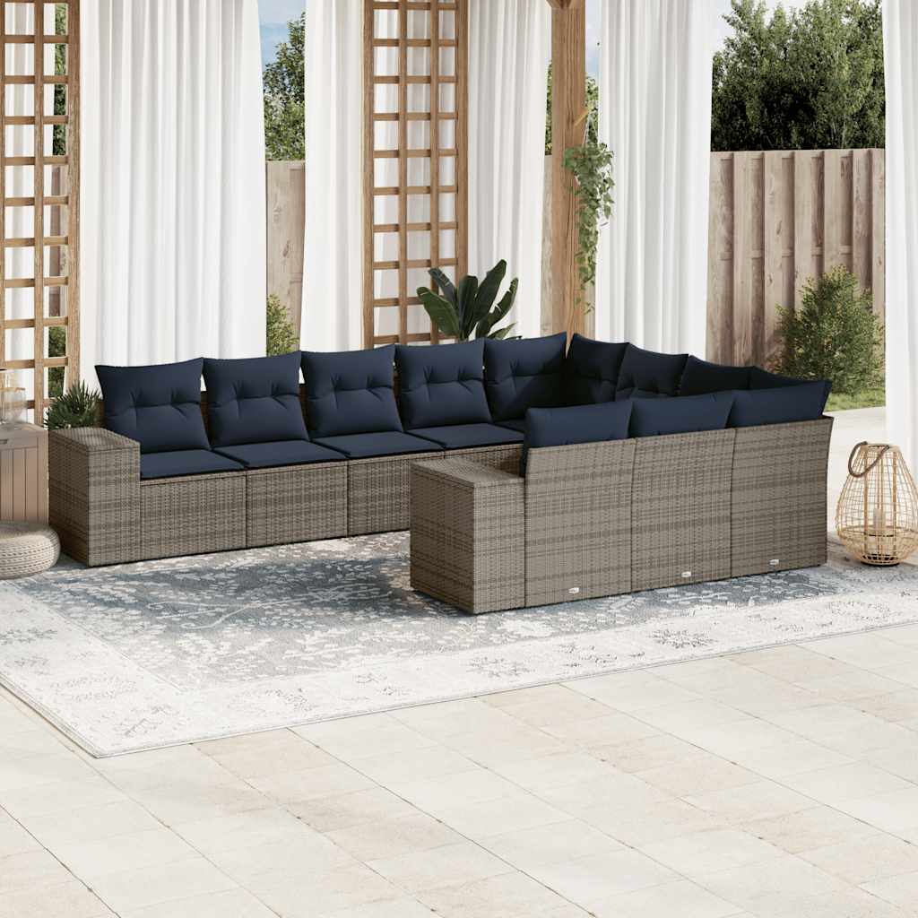 vidaXL 10-teiliges Gartensofa-Set mit Kissen, schwarzes Polyrattan