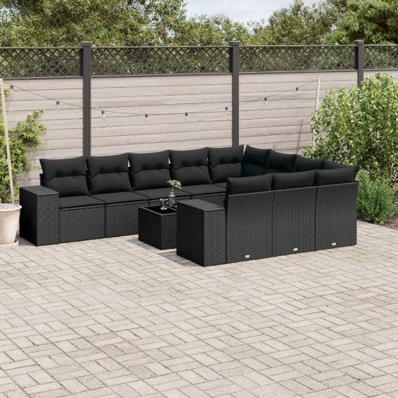 vidaXL 10-tlg. Garten-Sofagarnitur mit Kissen Schwarz Poly Rattan