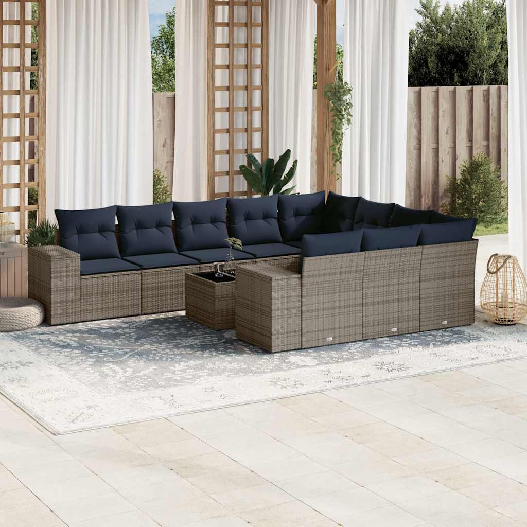 vidaXL 10-teiliges Gartensofa-Set mit Kissen, schwarzes Polyrattan