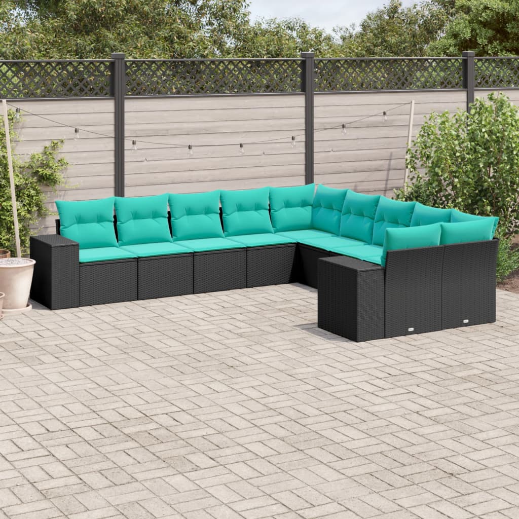 vidaXL 10-teiliges Gartensofa-Set mit Kissen, schwarzes Polyrattan