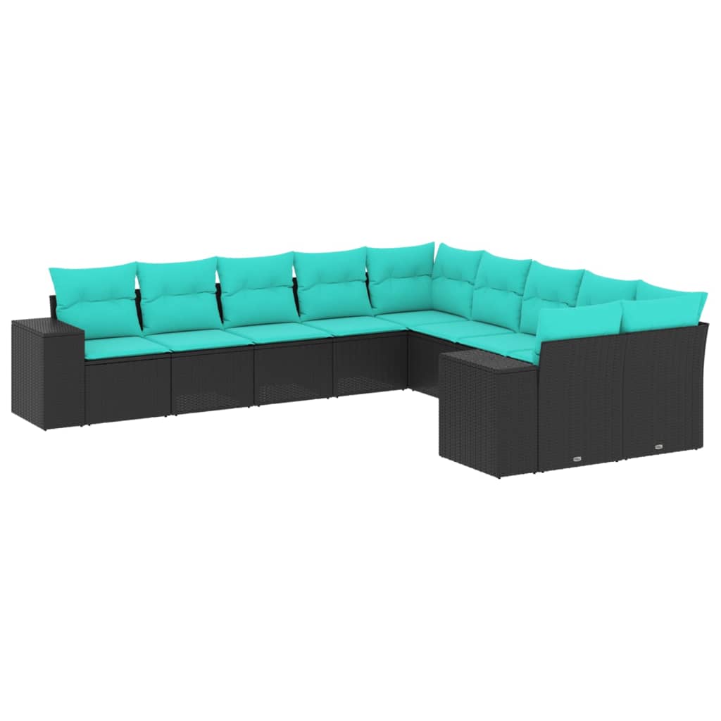 vidaXL 10-teiliges Gartensofa-Set mit Kissen, schwarzes Polyrattan