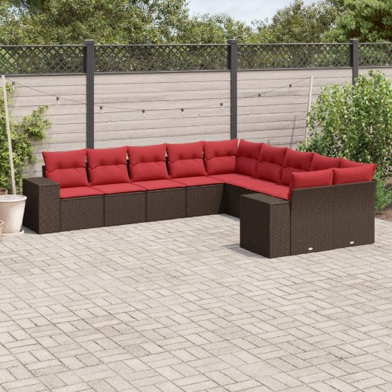 vidaXL 10-teiliges Gartensofa-Set mit Kissen, schwarzes Polyrattan