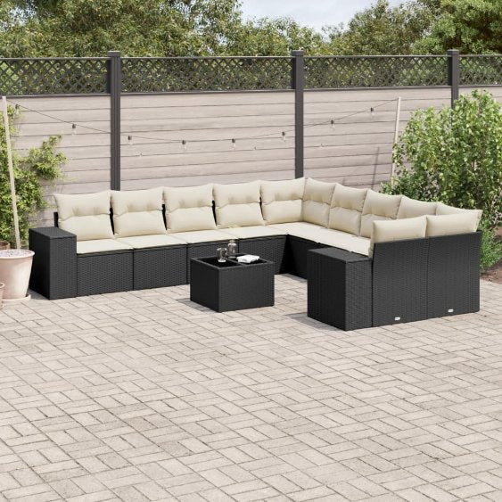 vidaXL 10-tlg. Garten-Sofagarnitur mit Kissen Schwarz Poly Rattan