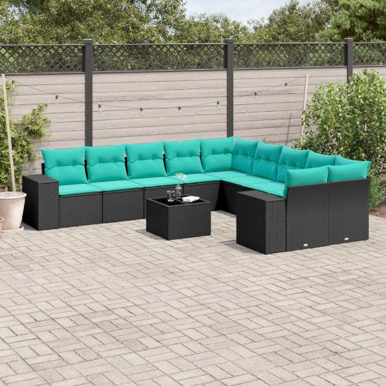 vidaXL 10-teiliges Gartensofa-Set mit Kissen, schwarzes Polyrattan