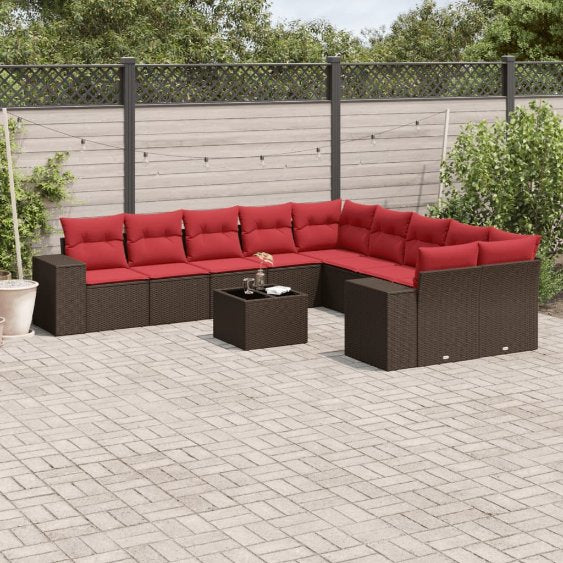 vidaXL 10-teiliges Gartensofa-Set mit Kissen, schwarzes Polyrattan