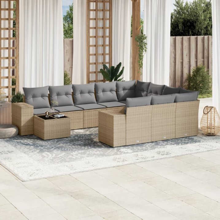 vidaXL 11-tlg. Garten-Sofagarnitur mit Kissen Schwarz Poly Rattan