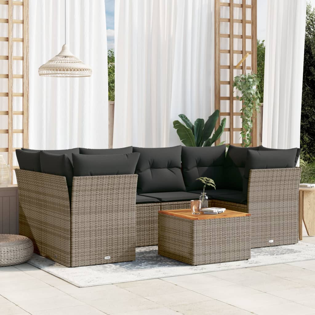 7-tlg. Garten-Sofagarnitur mit Kissen Schwarz Poly Rattan
