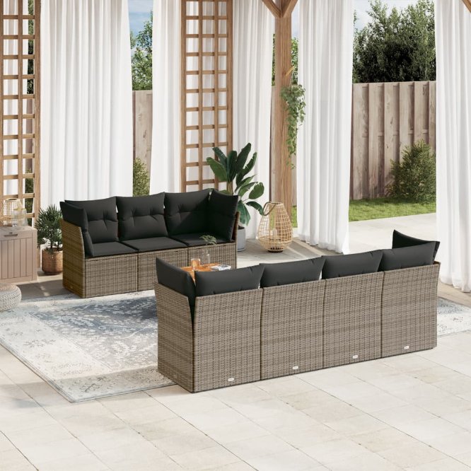 8-tlg. Garten-Sofagarnitur mit Kissen Schwarz Poly Rattan