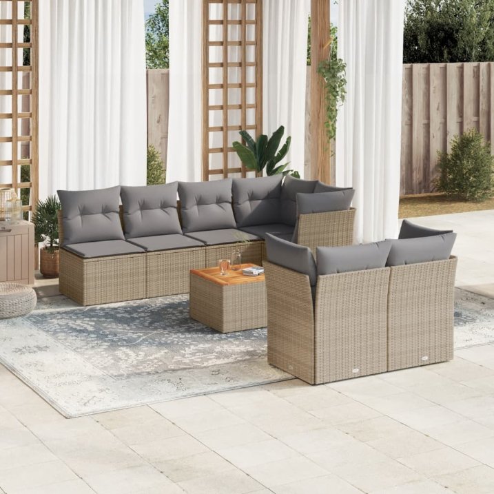 8-tlg. Garten-Sofagarnitur mit Kissen Schwarz Poly Rattan