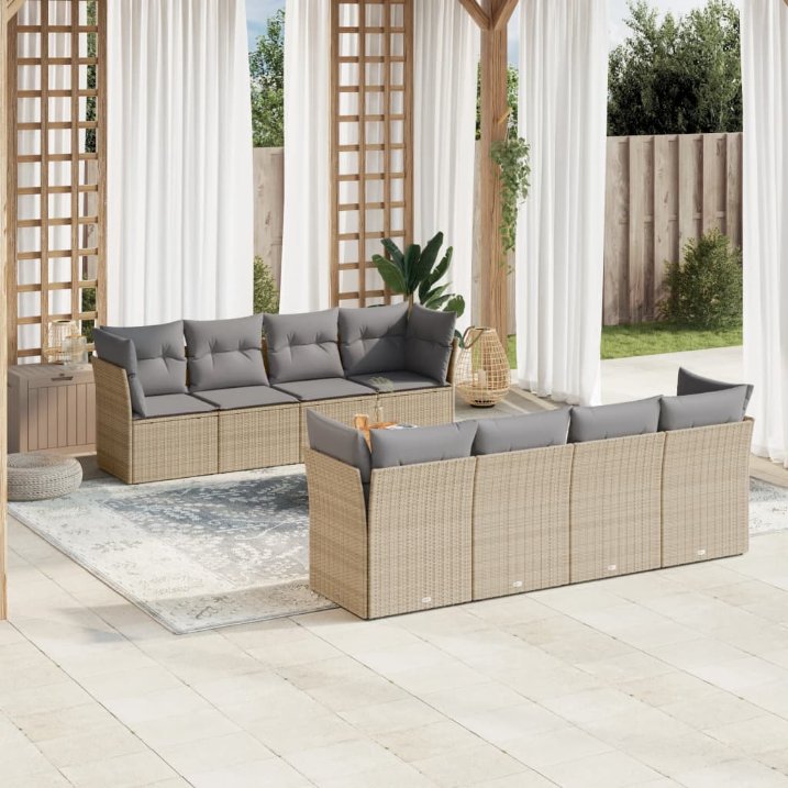 9-tlg. Garten-Sofagarnitur mit Kissen Schwarz Poly Rattan