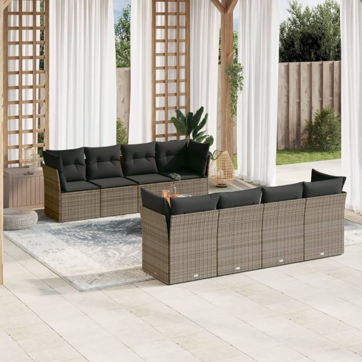 9-tlg. Garten-Sofagarnitur mit Kissen Schwarz Poly Rattan