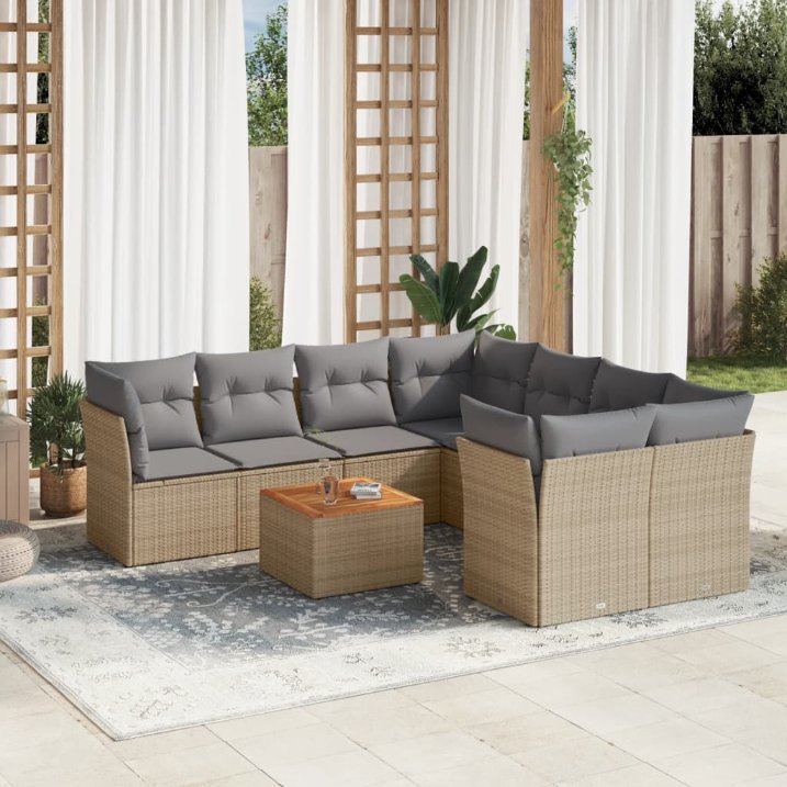 9-tlg. Garten-Sofagarnitur mit Kissen Schwarz Poly Rattan