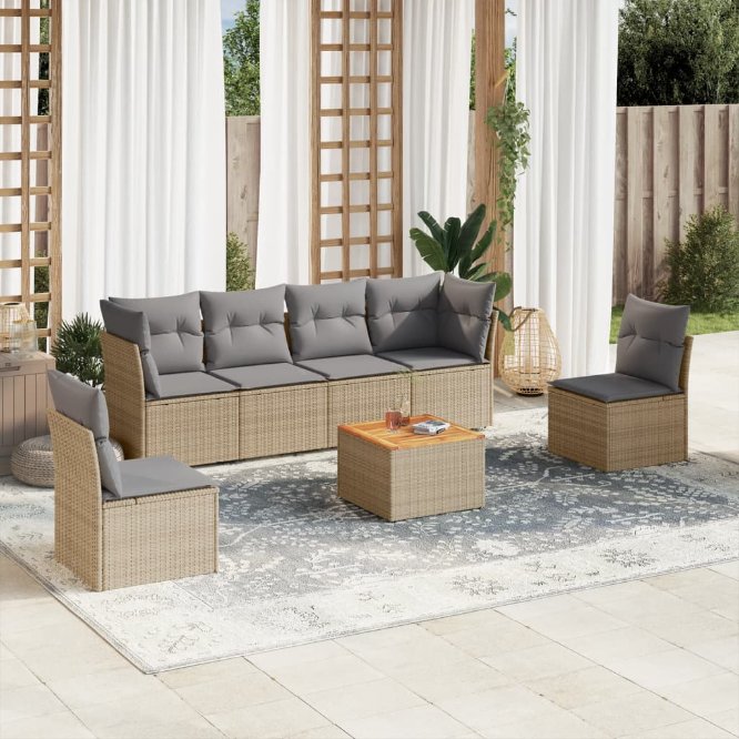 7-tlg. Garten-Sofagarnitur mit Kissen Schwarz Poly Rattan