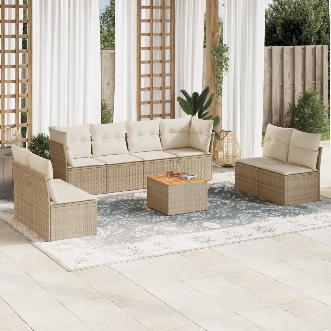 9-tlg. Garten-Sofagarnitur mit Kissen Schwarz Poly Rattan