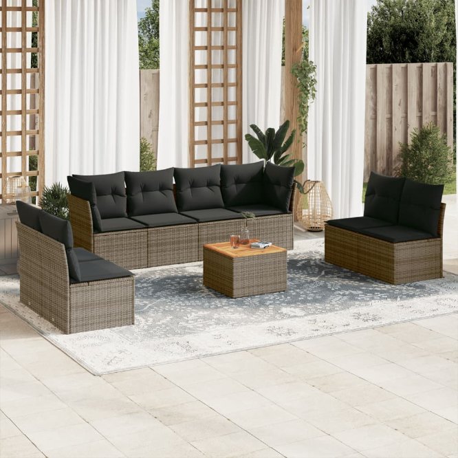 9-tlg. Garten-Sofagarnitur mit Kissen Schwarz Poly Rattan