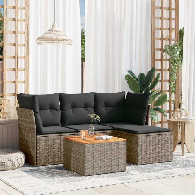 5-tlg. Garten-Sofagarnitur mit Kissen Schwarz Poly Rattan