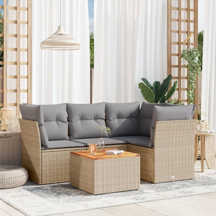 5-tlg. Garten-Sofagarnitur mit Kissen Schwarz Poly Rattan