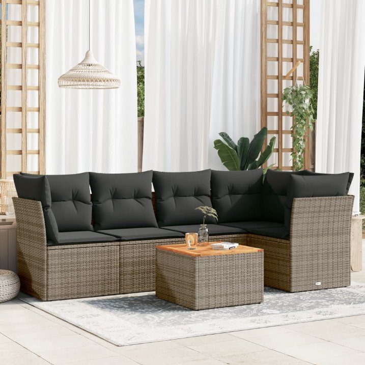 6-tlg. Garten-Sofagarnitur mit Kissen Schwarz Poly Rattan