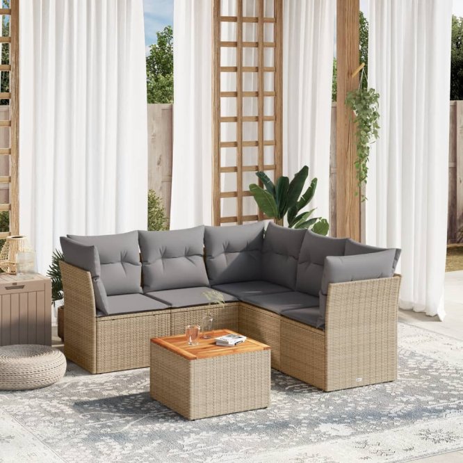 6-tlg. Garten-Sofagarnitur mit Kissen Schwarz Poly Rattan