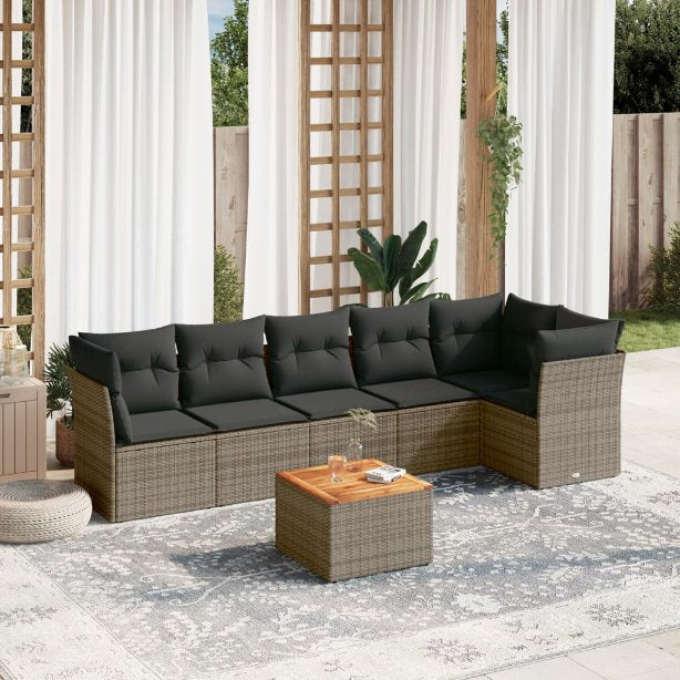 7-tlg. Garten-Sofagarnitur mit Kissen Schwarz Poly Rattan