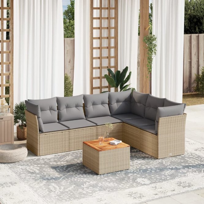 7-tlg. Garten-Sofagarnitur mit Kissen Schwarz Poly Rattan