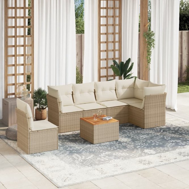 7-tlg. Garten-Sofagarnitur mit Kissen Schwarz Poly Rattan