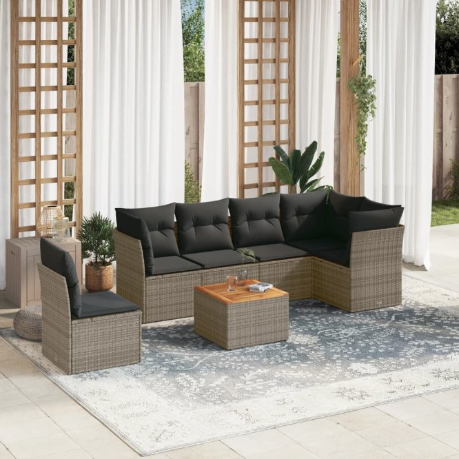 7-tlg. Garten-Sofagarnitur mit Kissen Schwarz Poly Rattan