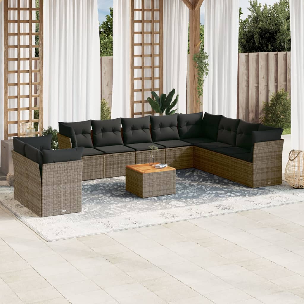 vidaXL 11-tlg. Garten-Sofagarnitur mit Kissen Schwarz Poly Rattan