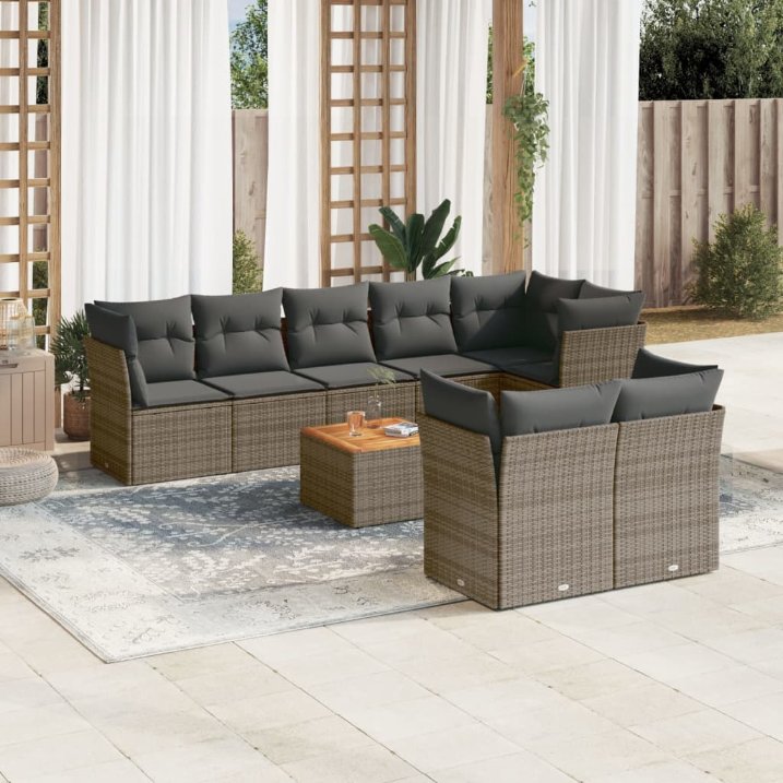 9-tlg. Garten-Sofagarnitur mit Kissen Schwarz Poly Rattan