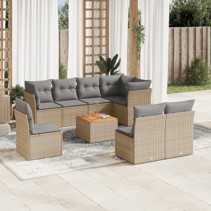 9-tlg. Garten-Sofagarnitur mit Kissen Schwarz Poly Rattan