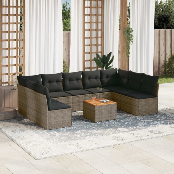 vidaXL 10-tlg. Garten-Sofagarnitur mit Kissen Schwarz Poly Rattan