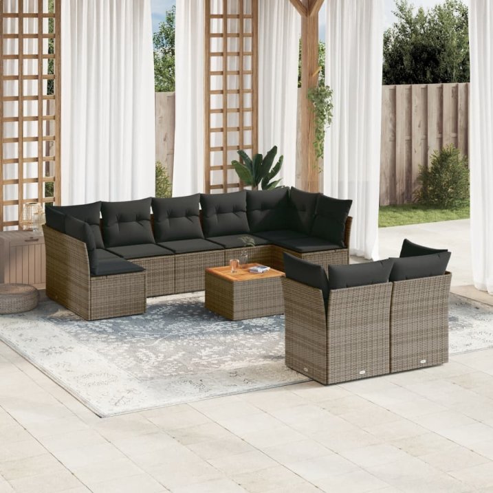 vidaXL 10-tlg. Garten-Sofagarnitur mit Kissen Schwarz Poly Rattan