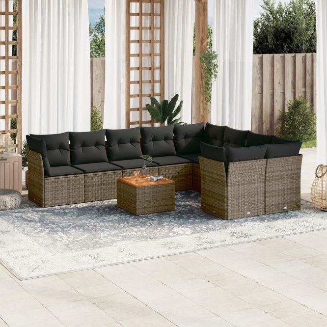 vidaXL 10-tlg. Garten-Sofagarnitur mit Kissen Schwarz Poly Rattan