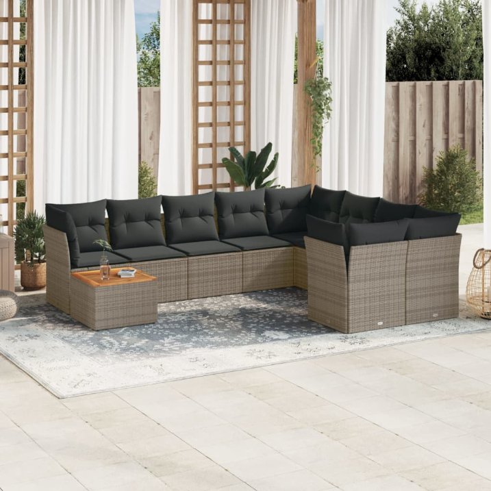 vidaXL 10-tlg. Garten-Sofagarnitur mit Kissen Schwarz Poly Rattan