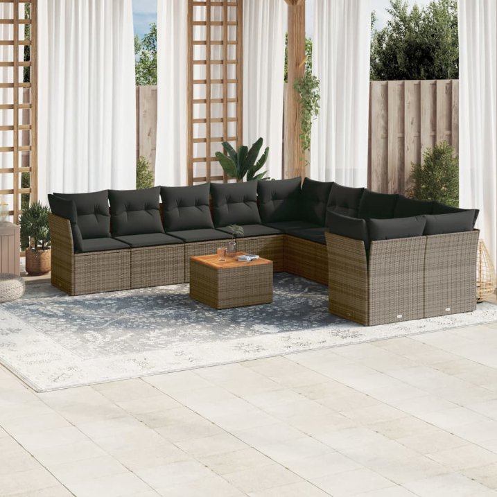 vidaXL 11-tlg. Garten-Sofagarnitur mit Kissen Schwarz Poly Rattan